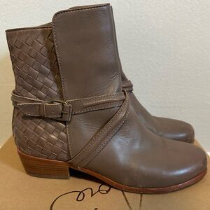 Joie Jackson Taupe Leather Ankle Boots with Woven Detail